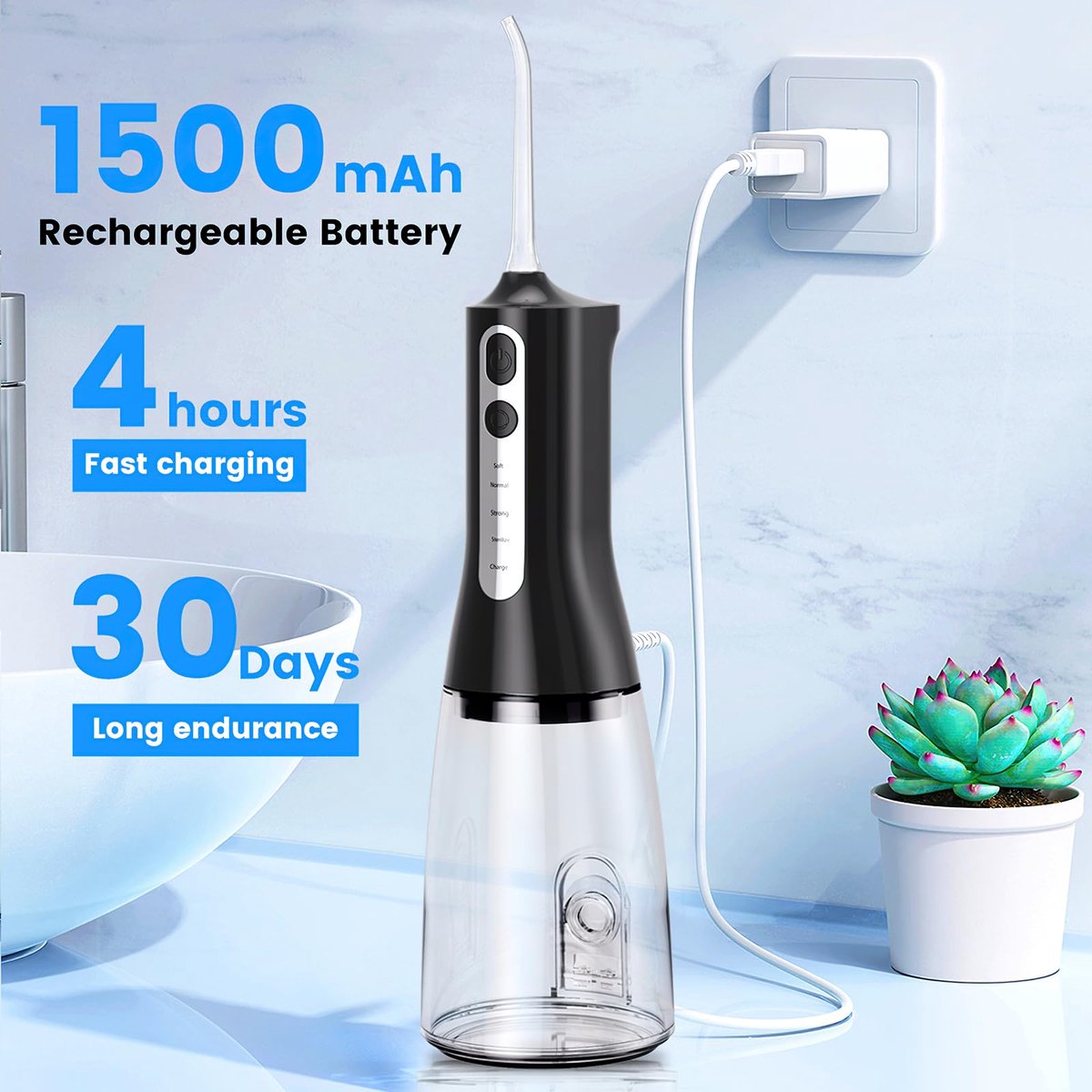 SnelShoppen - Draadloze Mondirrigator - 300 ml Waterflosser - Elektrische Interdentaalreiniger - 4 Modi en 4 Mondstukken - Oplaadbaar en IPX7 Waterdic thumbnail 4