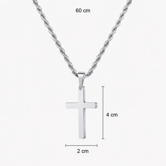 Zilverkleurige kruishanger van 4x2 cm aan een 60 cm lange gedraaide touwketting.