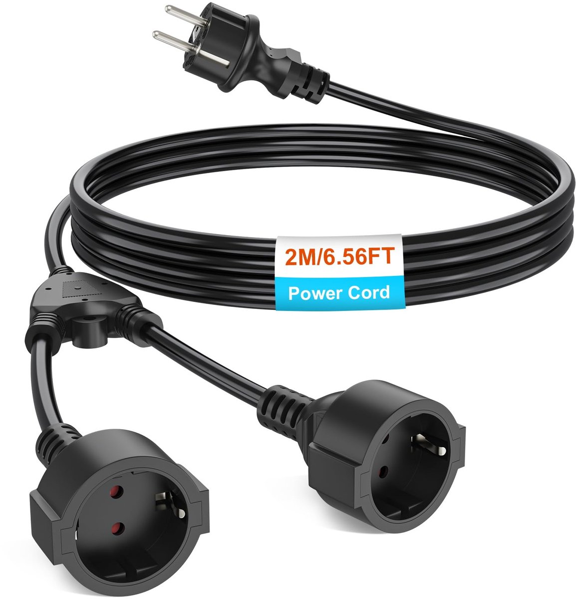 SnelShoppen - KEAGAR Verlengkabel voor Buiten, AC Schuko Dubbele Stopcontacten, IP44 Waterdicht, 2m Kunststof Kabel, 3 x 1,0 mm², 250V/16A, Zwart, Ide