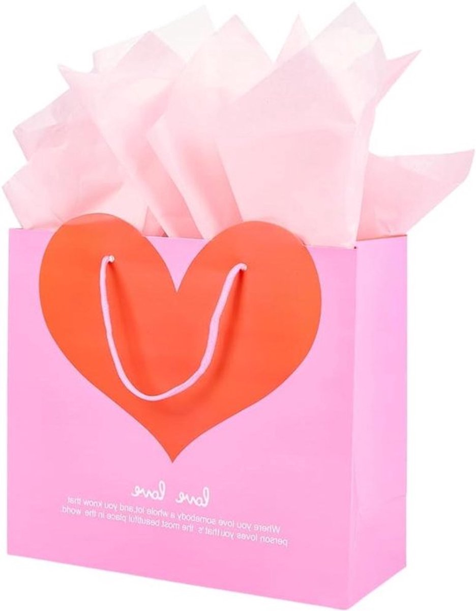 - Cadeauzakje en zijdepapier roze hart - Geschenkzakjes met handvatten - Romantische Valentijnsverpakking - Huwelijksverjaardag viering Moederdag - Grote geschenken inpakken - Geschikt voor alle gelegenheden - 10 x 30 x 28 cm