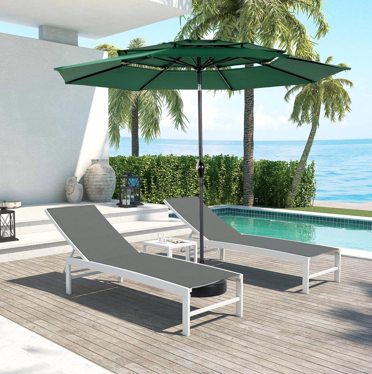 FloraGrace Stokparasol 294 Cm Kantelbaar Donkergroen Staal Polyester Voor Tuin Terras En Zwembad Met Zwengelmechanisme