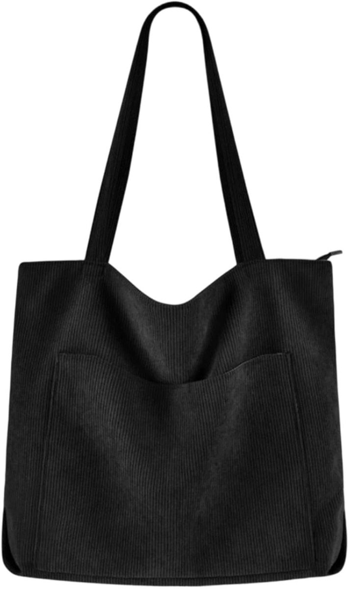 SnelShoppen - Dames boodschappentas met ritssluiting, grote watertichte fluwelen strandtas, schoudertas voor werk, winkelen, school, reizen - Zwart