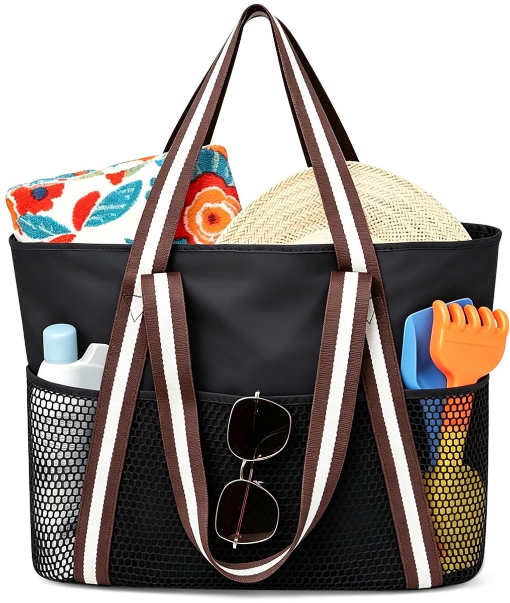 SnelShoppen - Grote XXL Strandtas Dames met Rits, Waterdichte Opvouwbare Draagtas voor Strand, Zwembad, Familie, Camping, Vakantie, Roze, 50L