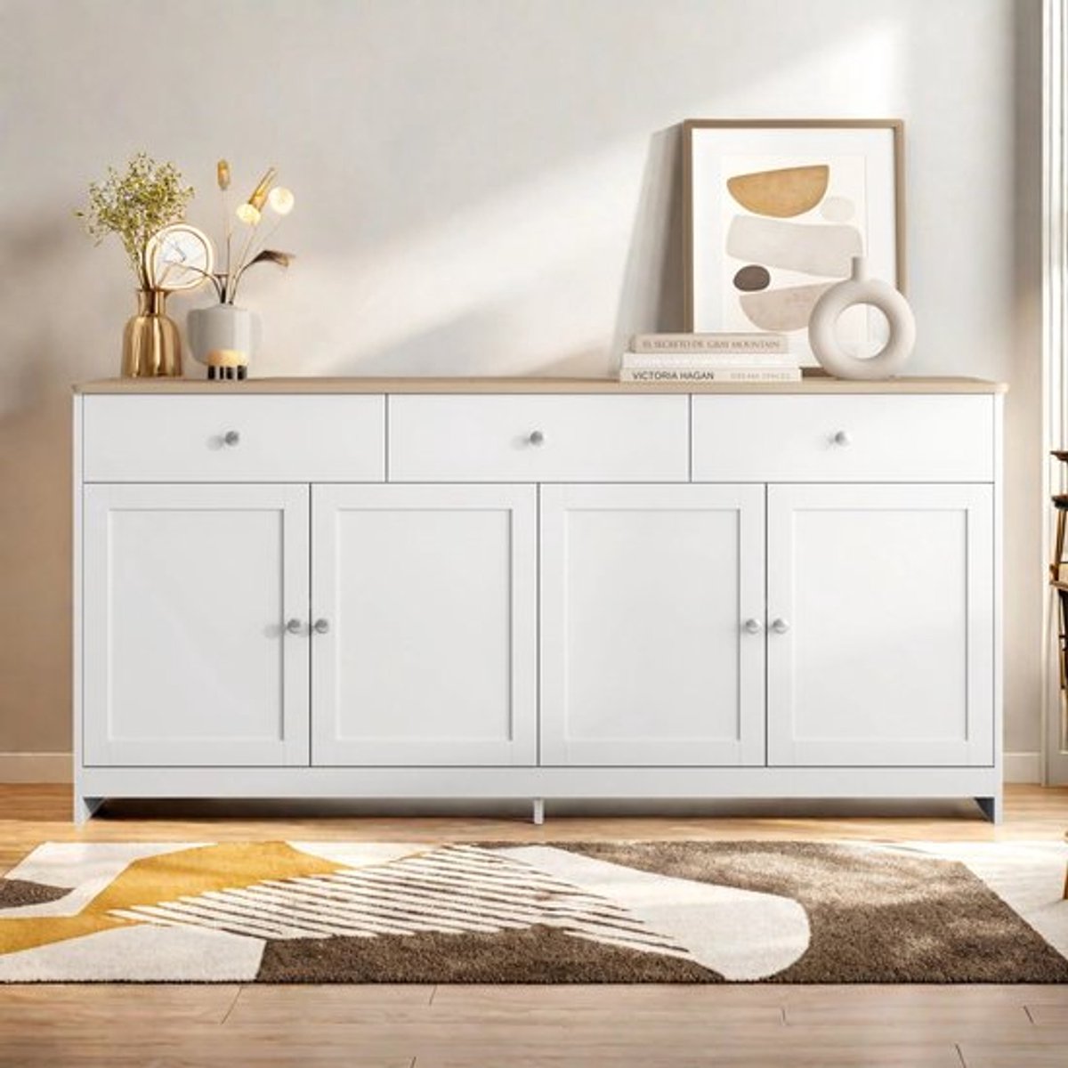 Dressoir met 3 laden en 4 deuren, 160x37x75cm witte keukenkast, buffetkast, staande kast