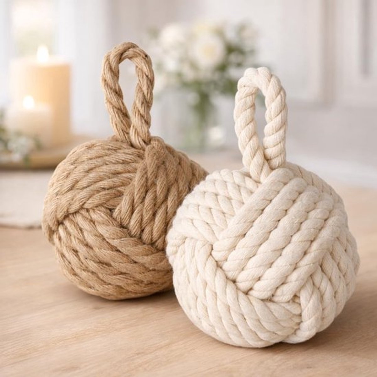 Deurstoppers Set van 2 - Jute Natuur/Crèmewit - Decoratieve Deurhouder - Raambuffer - Vloerstopper - Robuust Materiaal