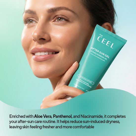Vrouw met een glimlach houdt een turquoise tube 'The Ceel After Sun Gel' vast, met de tekst 'Hydration Support'.