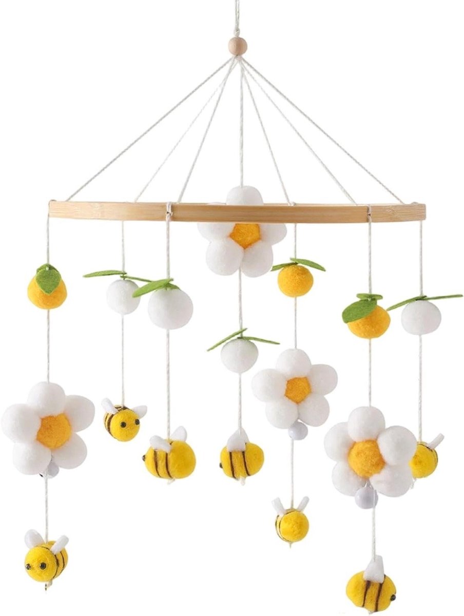 Ledikant Mobiel - Houten Speelgoed Ornament - Babykamer Decoratie - Zintuiglijke Stimulatie - 41x23cm - Geel