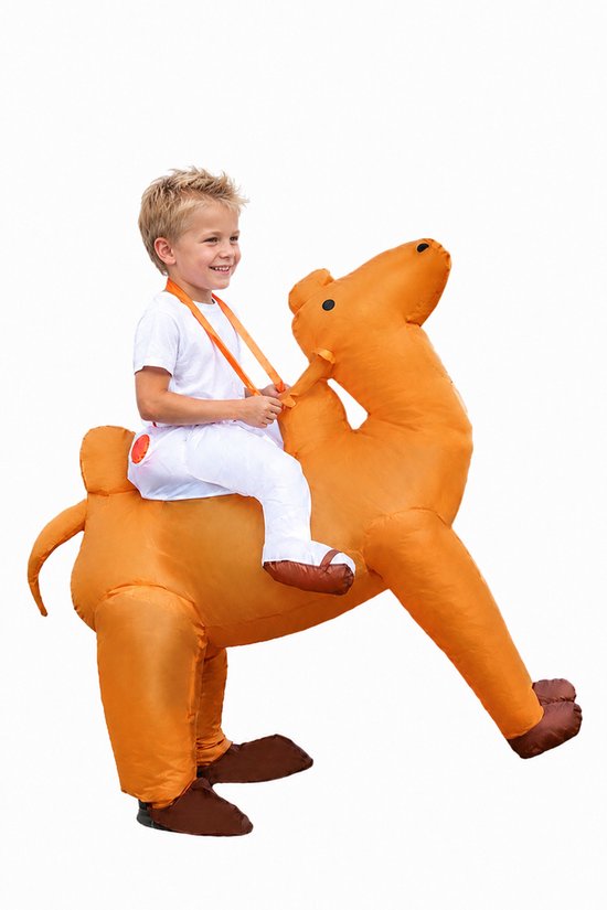 KIMU® Opblaas Kostuum Kinderen Zittend Op Kameel - Maat 122 128 134 140 146 152 - Opblaasbaar Pak - Kamelenpak Mascotte Opblaaspak - Opblaasbare Dier Jongens Meisjes Festival