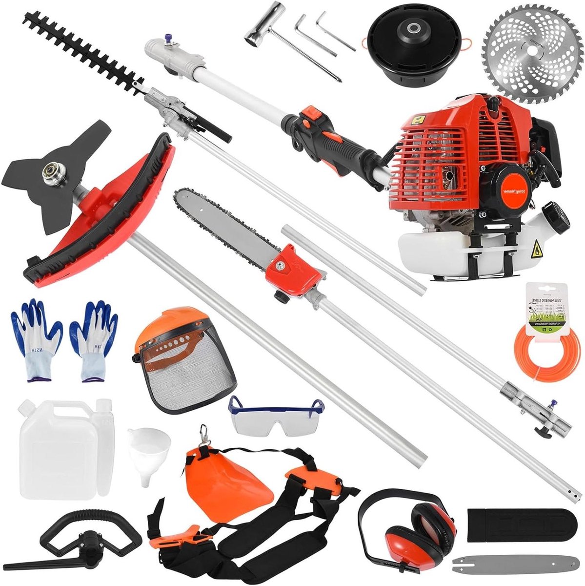 Benzine Multitool - 5-in-1 Tuinapparaat - Tuinonderhoud - Krachtige 52cc Motor - 25cm Zaagblad - Rood