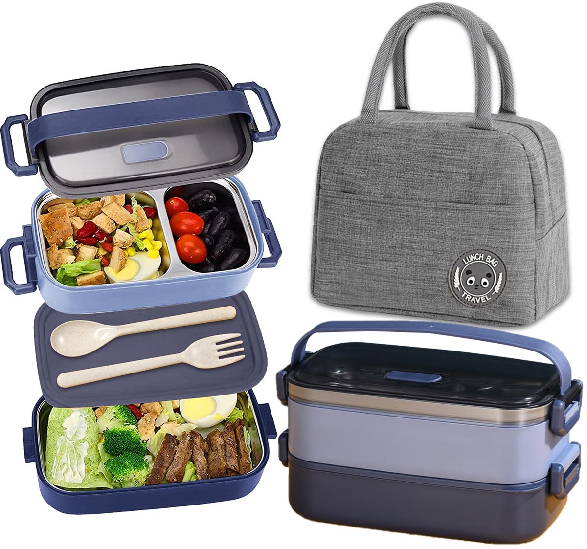 SnelShoppen - Haoh Lunchbox Staal 1100 ml, 2 Lagen Luchtdicht, Bentobox met Bestek en Koeltas, Ideaal voor Kantoor, School, Picknick, Blauw