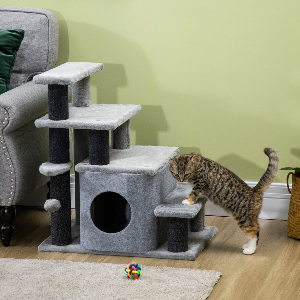 Krabmeubel Verstelbare Hoogte 3 Of 4 Treden 60 X 40 X 66 Cm Pluche Grijs Met Kattenhuisje En Speelbal Voor Rust En Spel
