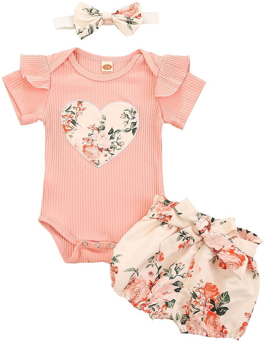 SnelShoppen - 3-delige babykleding set meisjes - korte mouwen body rompers + bloemen shorts + hoofdband - zachte zomer outfit voor pasgeborenen - roze