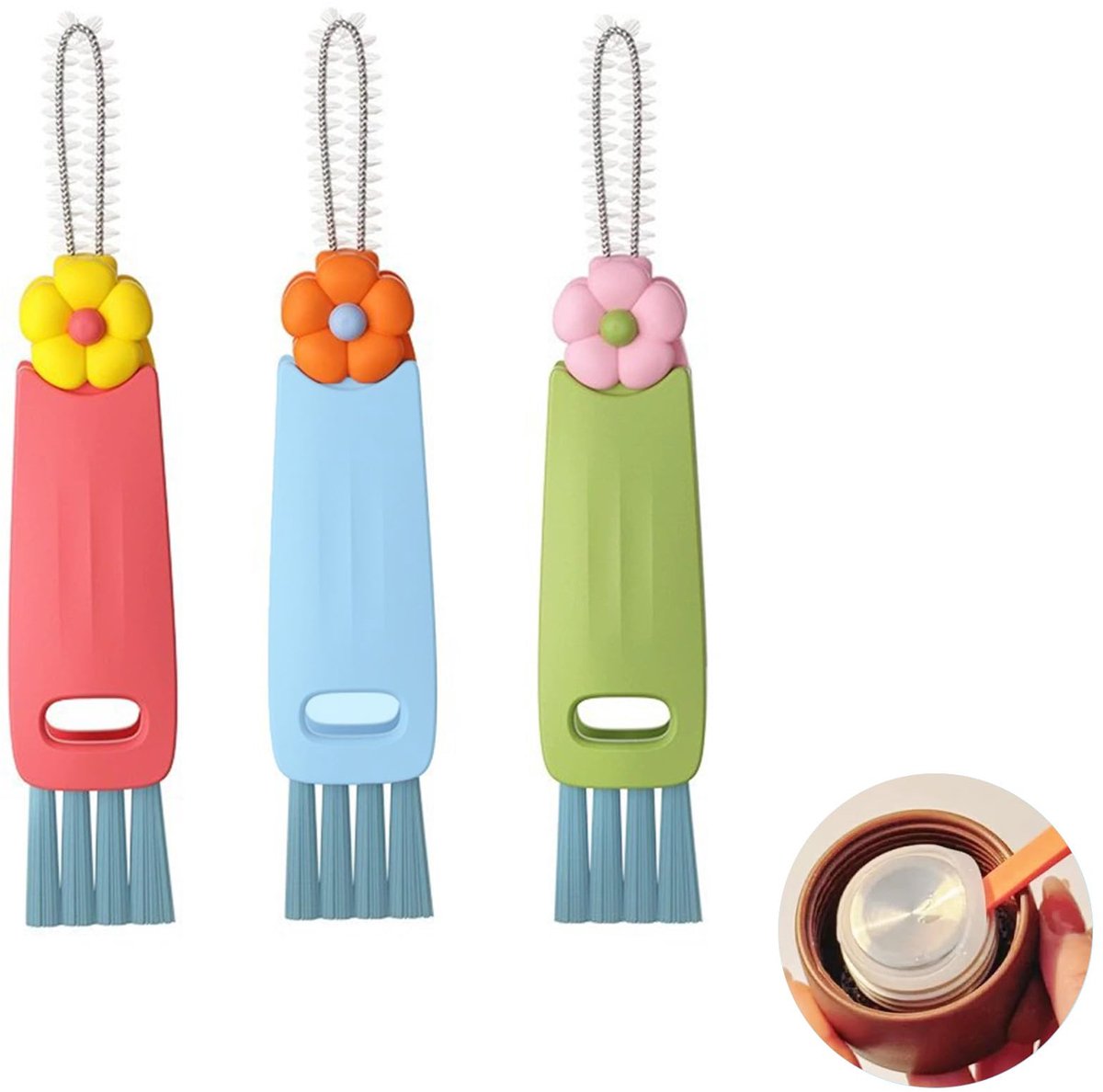 Dailygoods - 3-in-1 Reinigingsborstelset voor Beker- en Flesdeksels - Set van 3 Multifunctionele Borstels