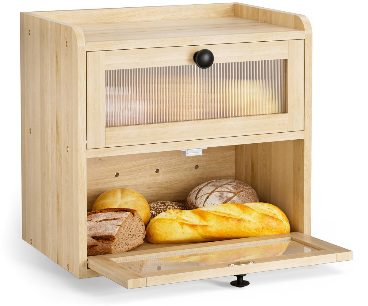 Dailygoods - Houten Broodtrommel met Transparante Acryldeur - 2-laags 36.5 x 24 cm