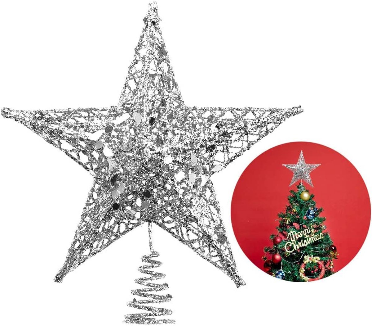 Dailygoods - Kerstboom Ster Topper - Glitter 5-Punts Ster voor Kerstdecoratie (Zilver)