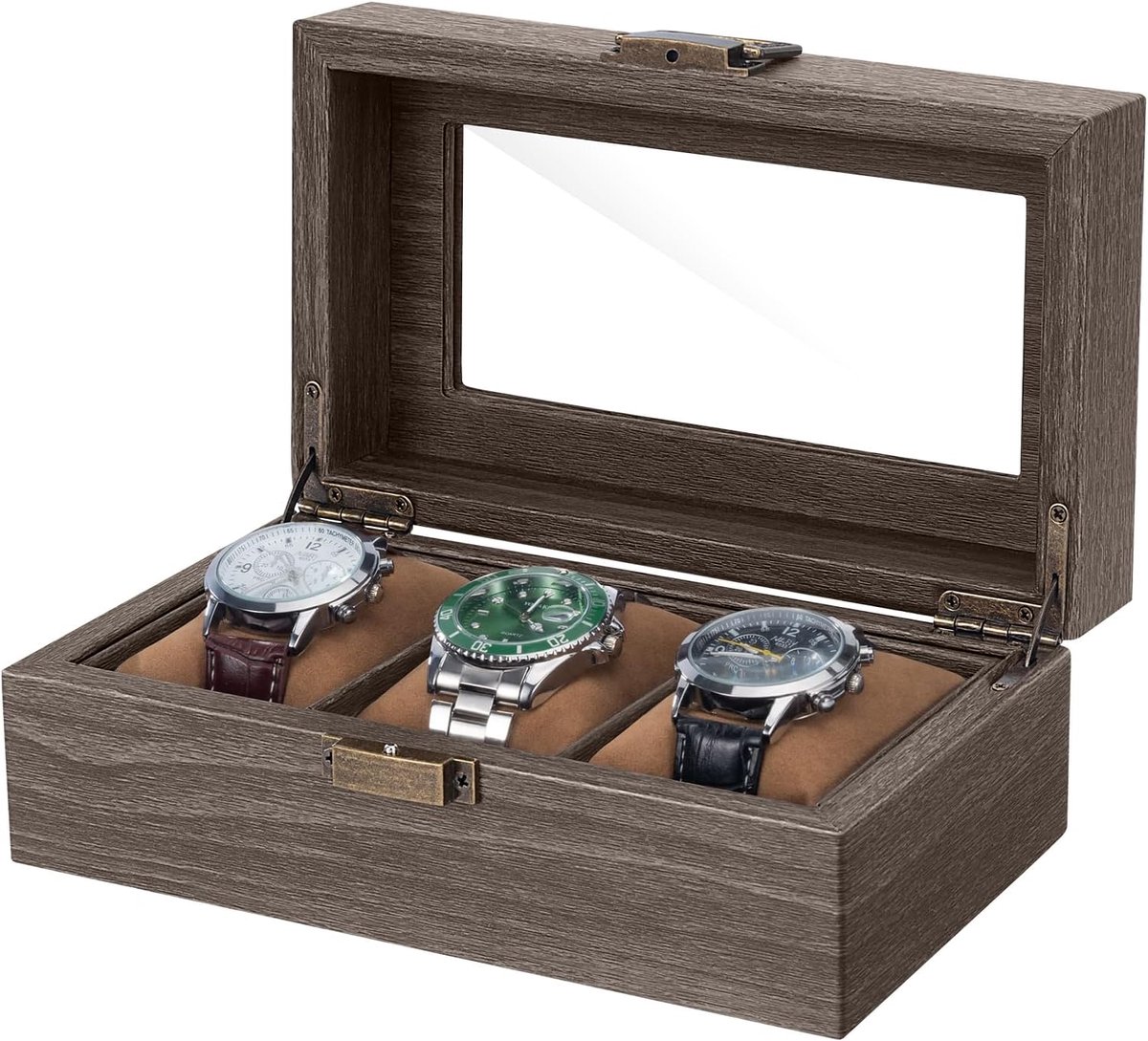 Dailygoods - Horlogedoos met 3 Vakken - Houten Displaybox voor Horloges en Sieraden
