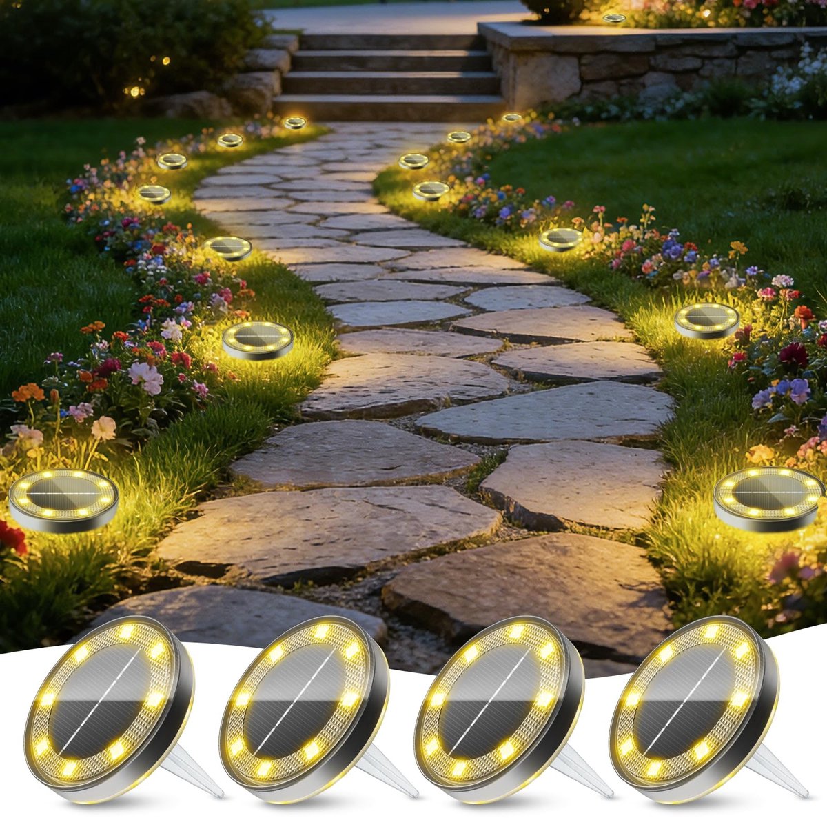 Dailygoods- Zonnelampen 4 stuks - IP65 Waterdicht - 13 LEDs - Tuinlampen op Zonne-energie - Automatische Lichtsensor - Roestvrij Staal