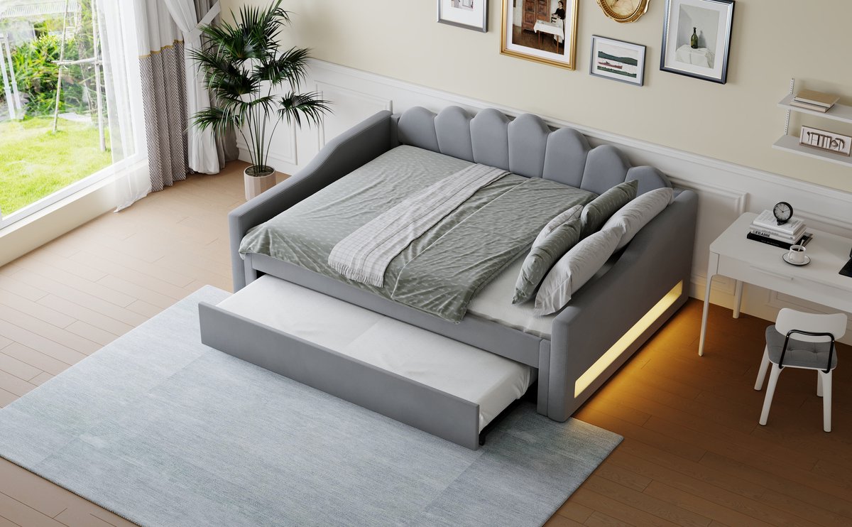 Slaapbank 140x200 cm - Gestoffeerd Bed Met LED Verlichting En Uitschuifbaar Logeerbed Grijs
