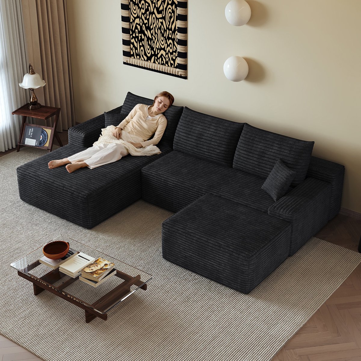 Sweiko Hoekbank - Modulair ontwerp - Corduroy - Links chaise longue - Geen montage nodig - Samengeperste bank - Zwart