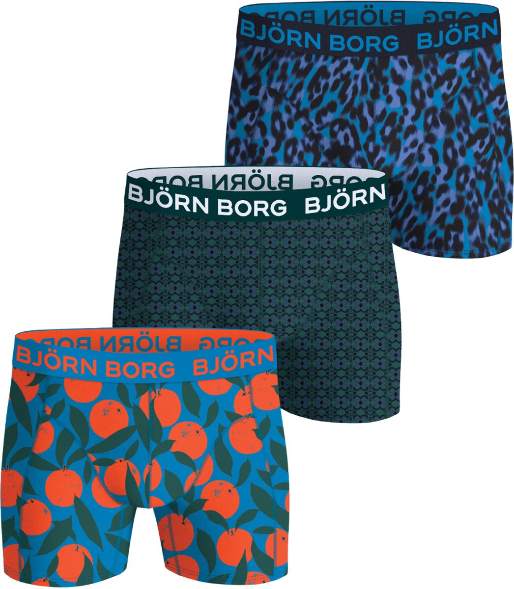 Björn Borg Cotton Stretch boxers - heren boxers normale lengte (3-pack) - sinaasappelprint - blauwe panterprint en blauw met groen dessin
