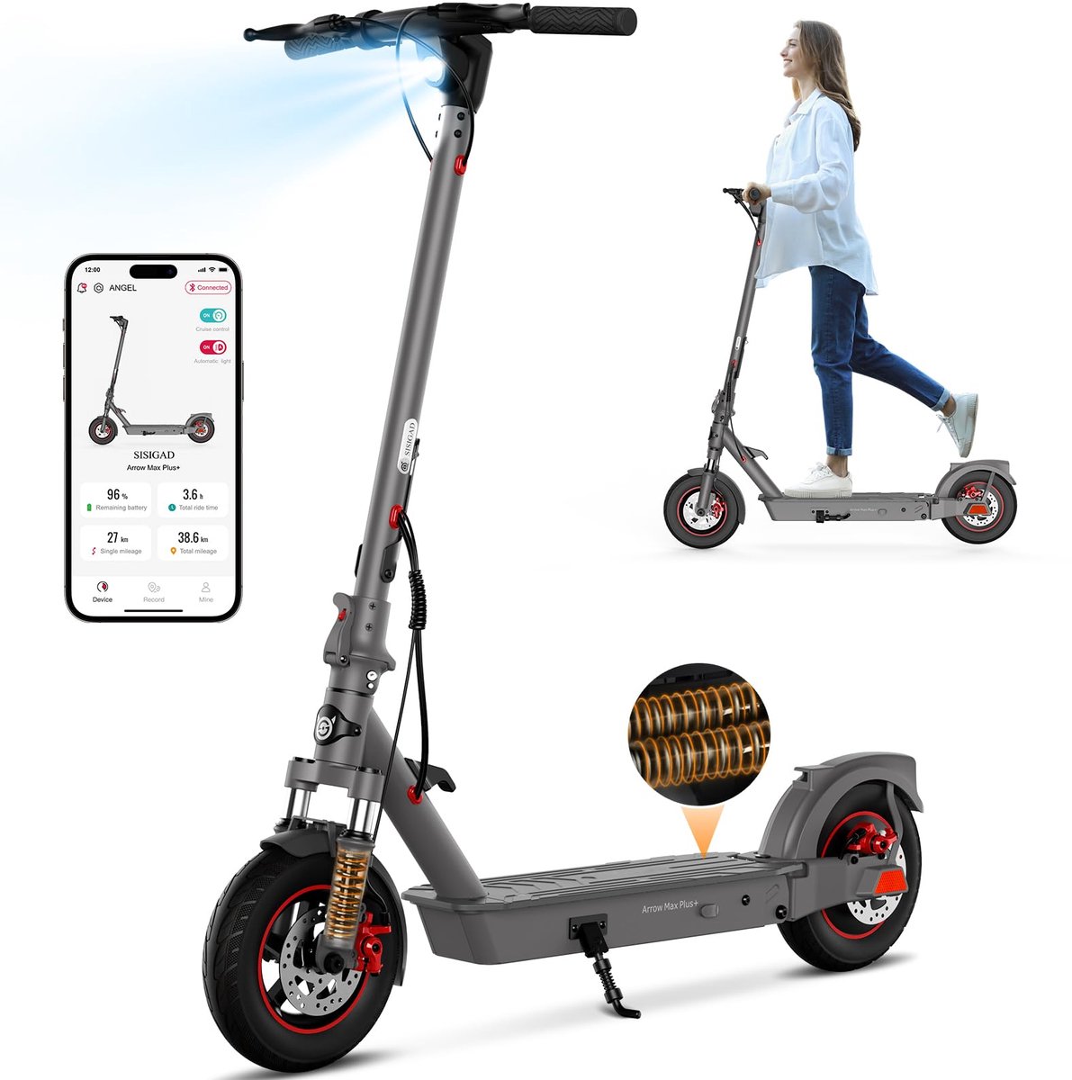 SnelShoppen - Elektrische Scooter 10 inch Volwassenen met Vering, App & 400W Motor - E Step met Schokdemper, 36V 10.4AH Batterij, 25 km/h Snelheid en