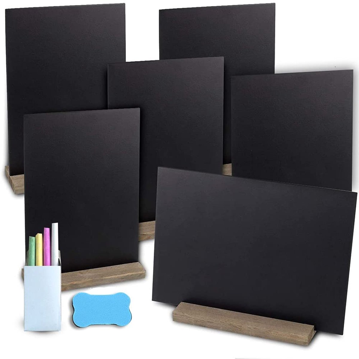Dailygoods- Krijtbord 6-delige set - Mini Dubbelzijdige Krijtborden - Multifunctioneel - Houten Standaard - Inclusief Krijt/Gum - Perfect voor Bruiloften