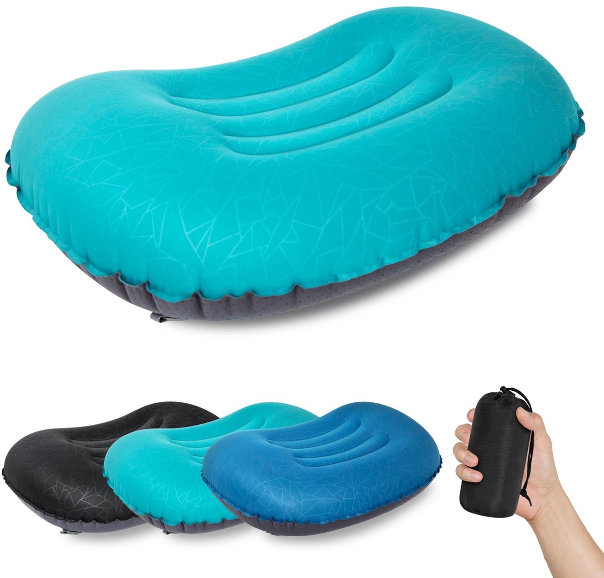 Dailygoods - Inflatable Camping en Reis Kussen - Peacockblue