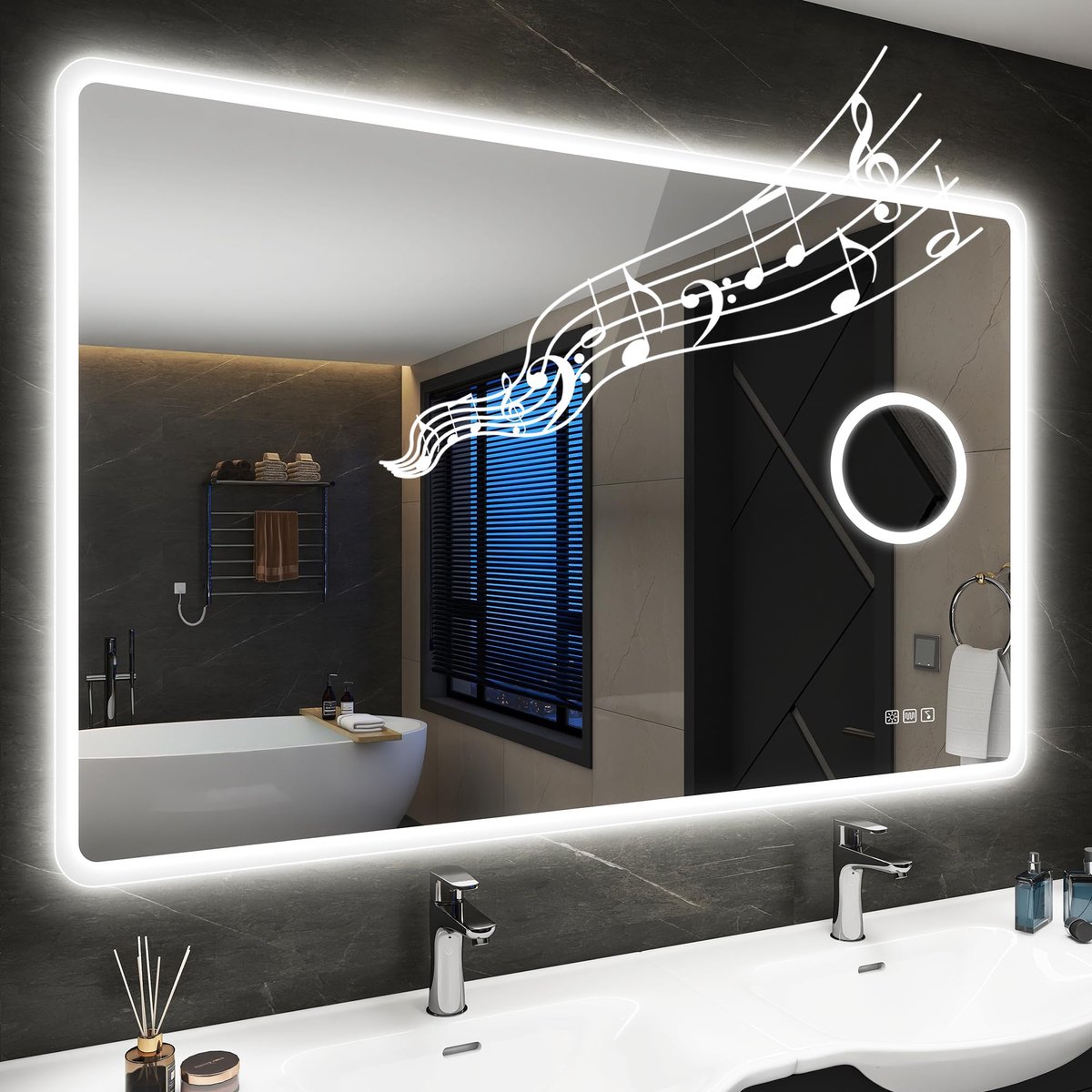 SnelShoppen - Badkamerspiegel met Verlichting 100x70 cm - LED Spiegel met Bluetooth, Dimbaar, 3 Kleurtemperaturen, Vergrootglas 5x, Ontwaseming, Gehar