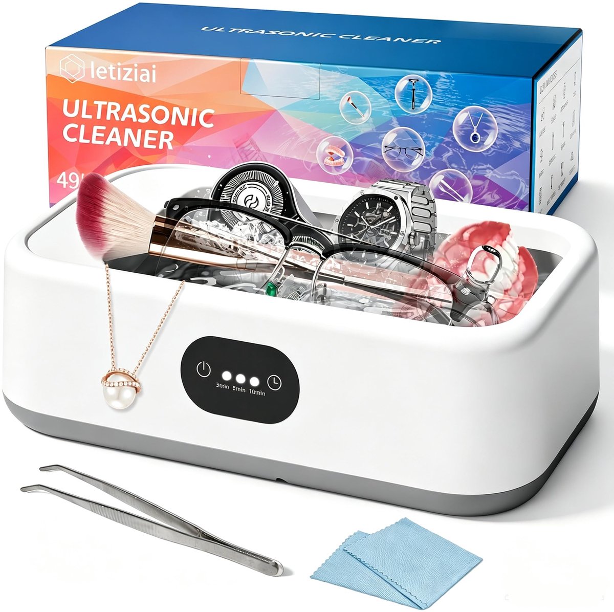 SnelShoppen - Ultrasone Reiniger 49000Hz - 640ML Brillen Reinigingsapparaat met 3 Modi voor Sieraden, Beugels, Horloges - Inclusief Schoonmaakdoekje