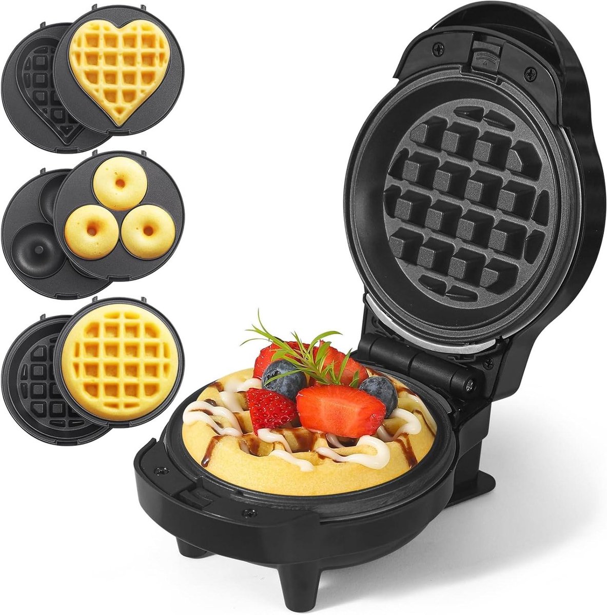 Mini Wafelmaker - Wafelijzer Hartjes Donut - Snelle Snacks Maken - 6 Verwisselbare Platen - 114 cm - Zwart