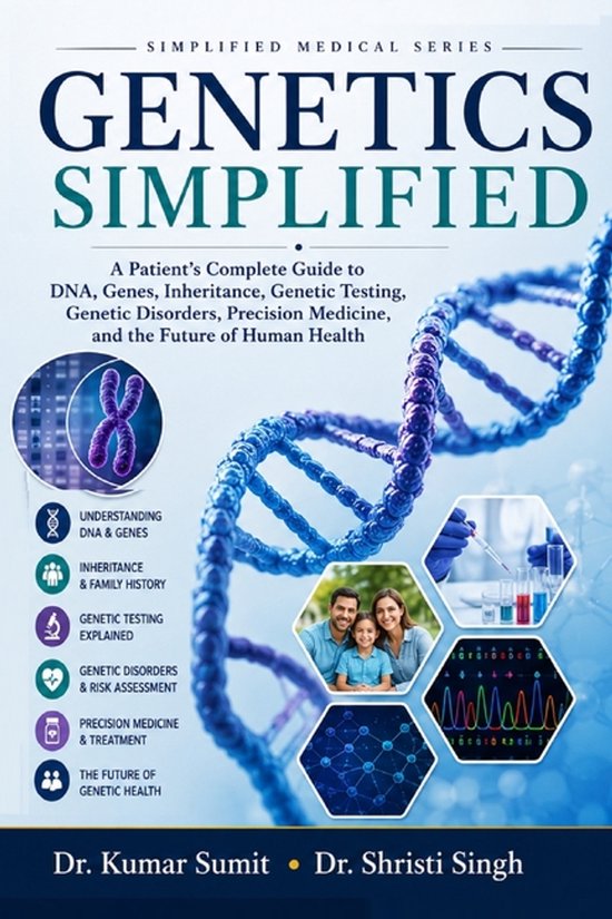 Boekcover met de titel 'Genetics Simplified'. Een DNA-helix domineert de afbeelding, met icoontjes die de inhoud illustreren.