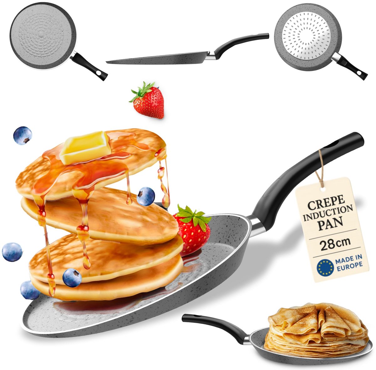 SnelShoppen - Crepe pan 28 cm inductiekookpan met antiaanbaklaag voor pannenkoeken, ideaal voor keuken, feest, camping en kinderen