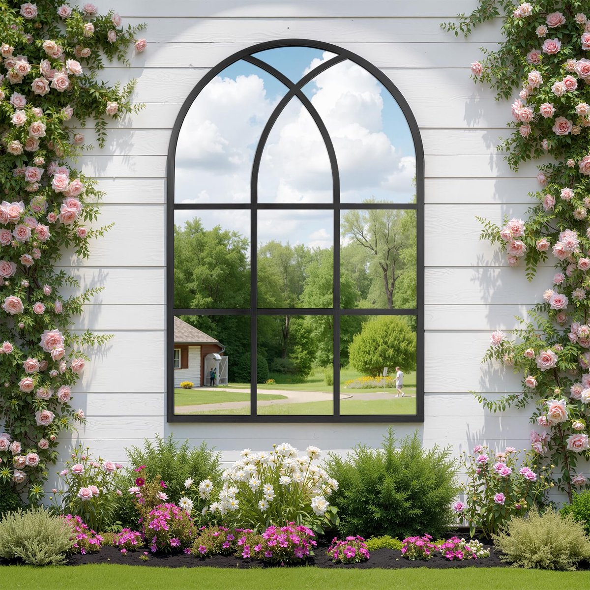 SnelShoppen - Ronde Spiegel 60 x 90 cm - Wandspiegel voor Tuin, Antieke Gotische Stijl met Aluminium Frame - Zwart voor Hal, Woonkamer, Slaapkamer, En