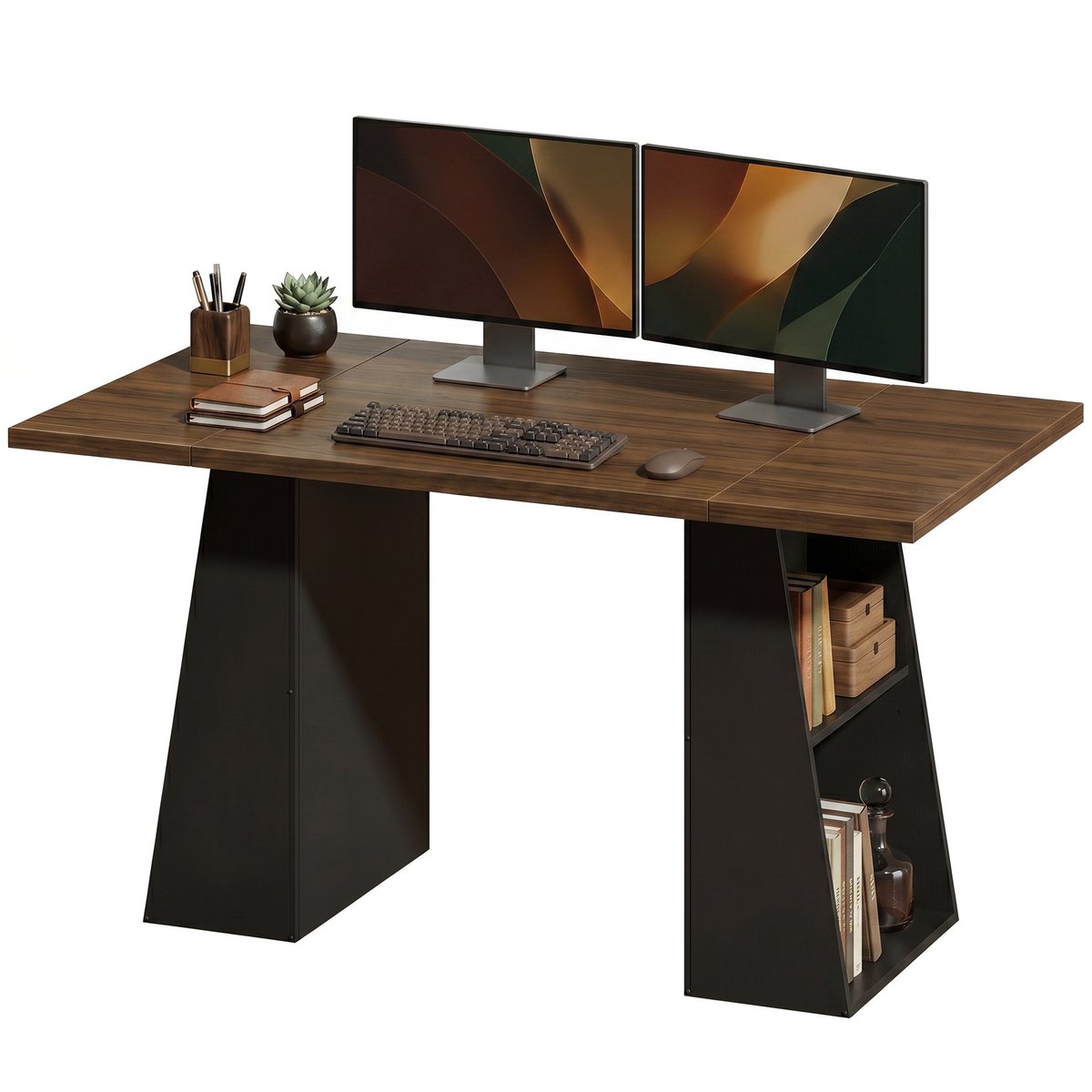 ECTEATOY® Industrieel Bureau met 4 Open Planken - Computertafel voor Thuiswerken - 140 cm - Bruin/Zwart