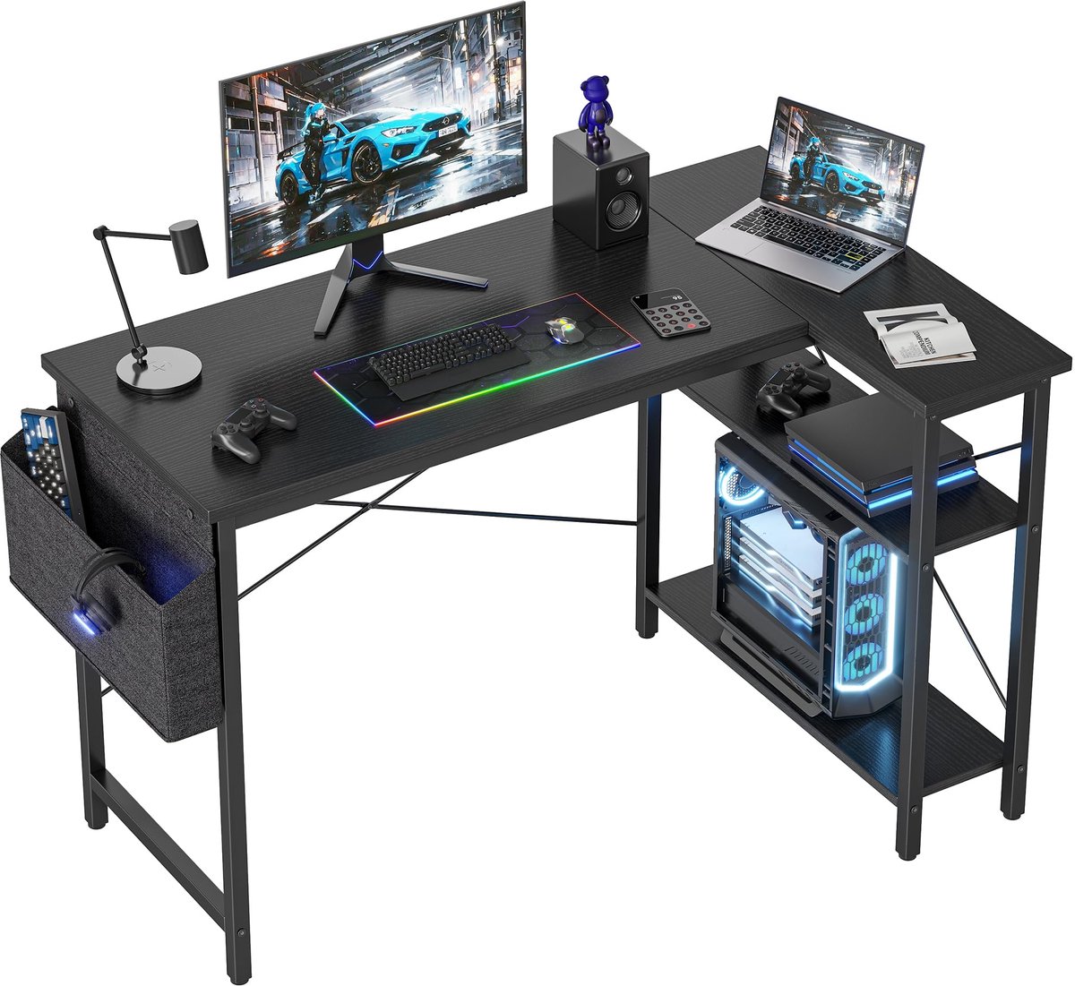 SnelShoppen - L-vormig Klein Hoekbureau 100x70 cm Computerbureau Gaming Schrijftafel met Omkeerbare Opbergplanken voor Studie, Werk, en Gaming in Slee