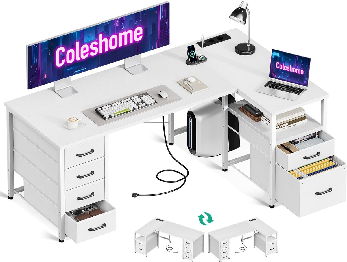 SnelShoppen - Coleshome L-vormig Bureau met Stoffen Laden, Omkeerbaar Hoekbureau 140x80 cm met USB-Oplaadpoort en Stopcontact voor Thuiswerken in Wit