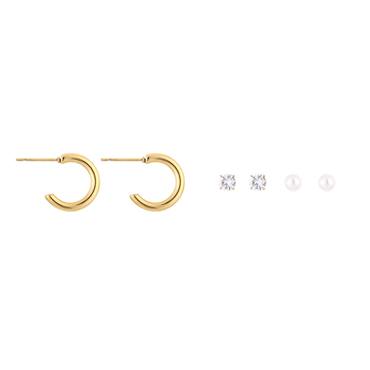 Stainless Steel Zirkonia, Parel & Open Chunky Hoops Oorbellen Setje – Luxe Curated Ear Set – RVS