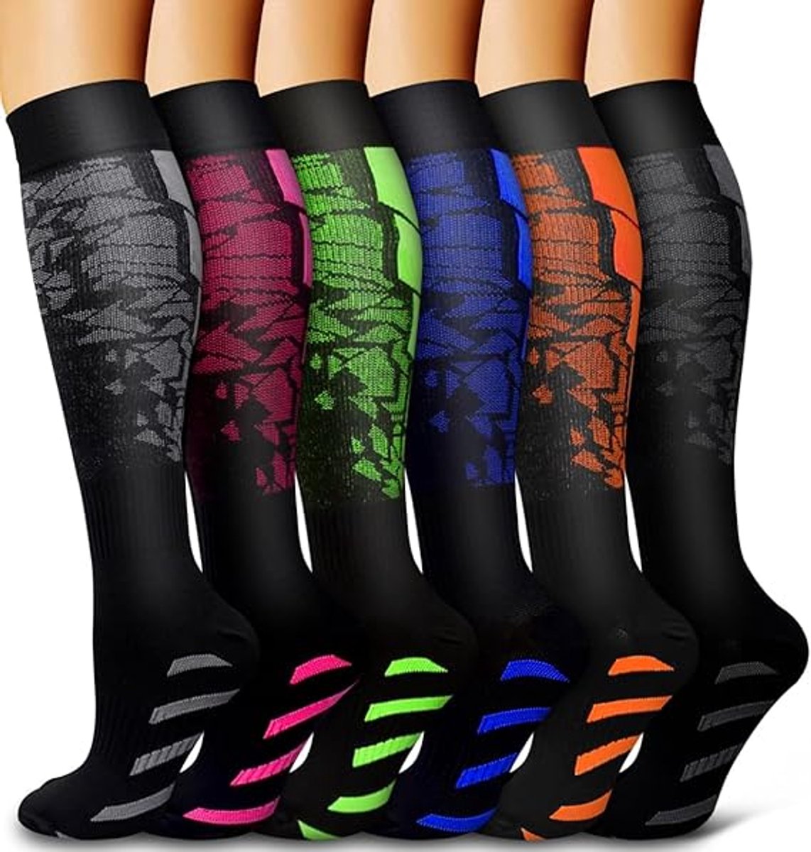 6 Paar Compressiekousen - Unisex - Bevordert Bloedcirculatie - voor Hardlopen, Verpleging, Sport - Zwart - 1 Set