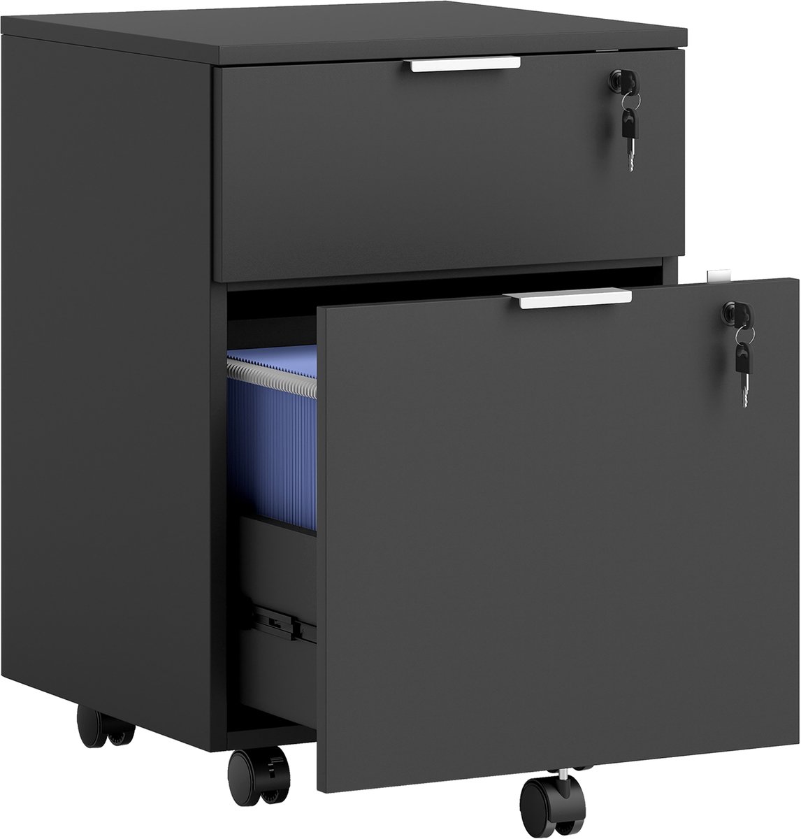 TEKROA®Verrijdbaar Ladeblok voor Bureau - Afsluitbare Archiefkast met 2 Lades - Hangmappenkast - zwart - 42x40x60 cm