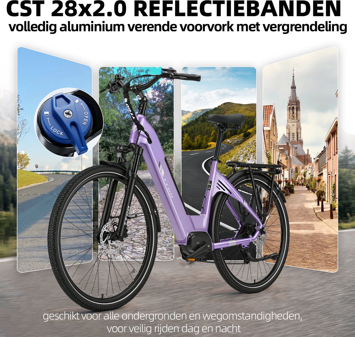 Elektrische Stadsfiets TTGO C7 SE - 28 INCH Banden - 250W Bafang Middenmotor - 36V18Ah Accu - Bereik tot 140km - Shimano 9 Versnellingen - Paars thumbnail 4