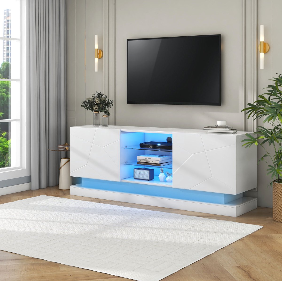 COVREO TV meubel 160 cm - wit mat, verstelbare glazen plank, voor 70 inch tv