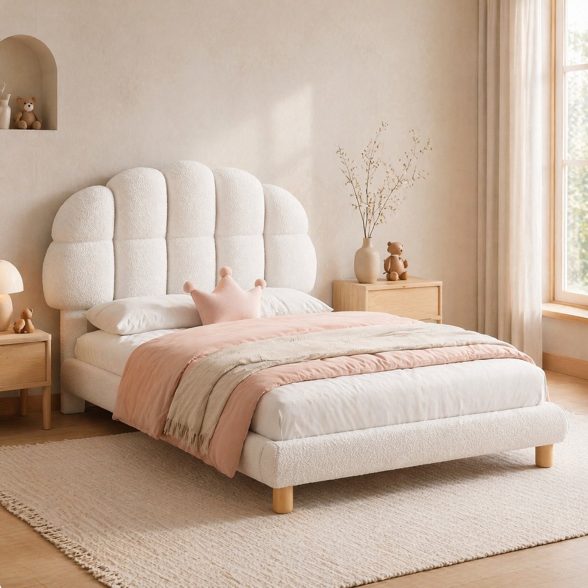 COVREO Bed 90 x 200 cm - wit bouclÃ©, MDF, verstelbaar hoofdeinde, lattenbodem