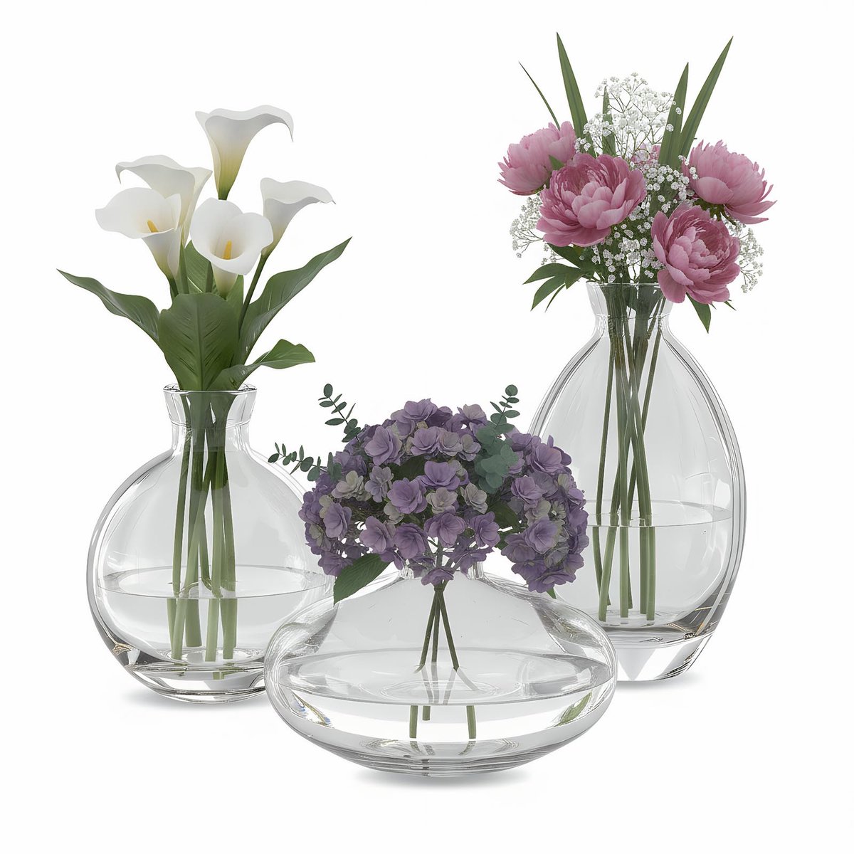 SnelShoppen - Glazen Knopvaas Set van 3, Mini Ronde Vazen voor Bloemen, Heldere Vazen, Geassorteerde Ontwerpen voor Tafeldecoraties, Bruiloft en Feest