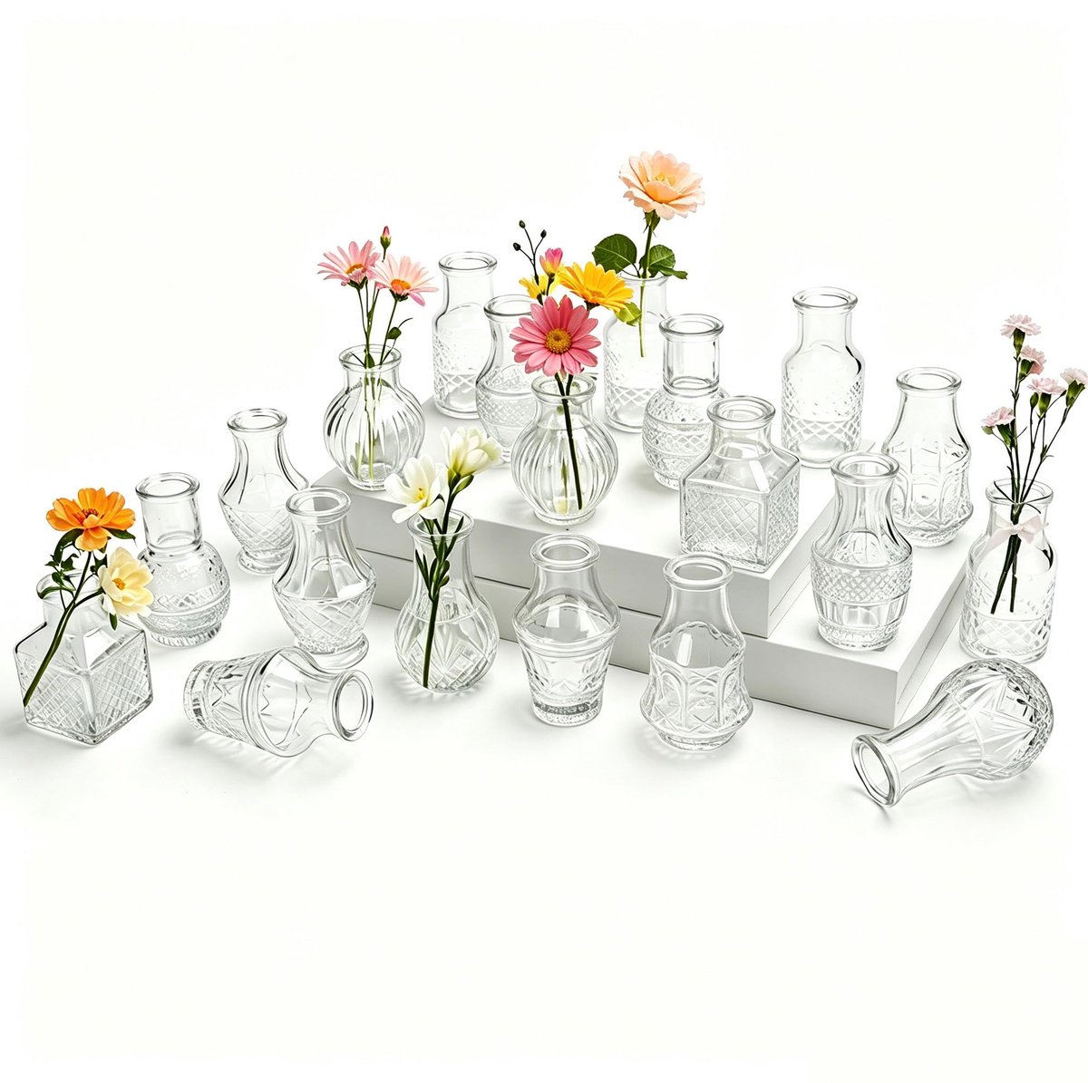 SnelShoppen - 20 stuks kleine glazen vazen set, vintage mini-vazen voor decoratie, bloemenvazen in verschillende maten, perfect voor bruiloften, tafel