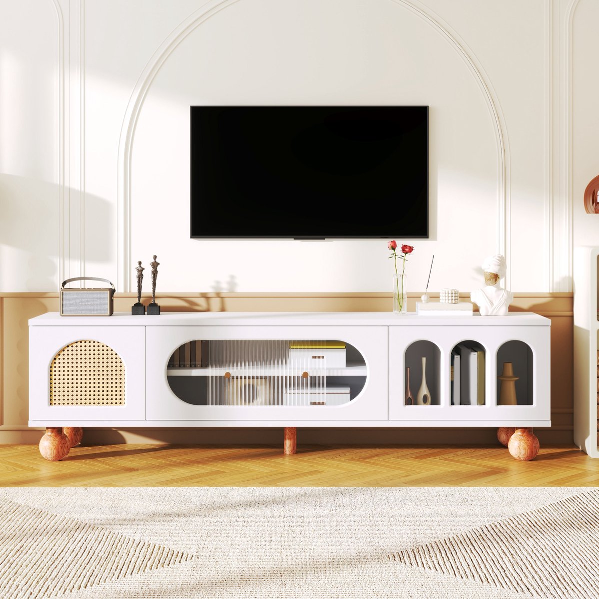 COVREO TV meubel 170 x 47 x 37 cm - wit houtlook, glazen schuifdeur, open vakken
