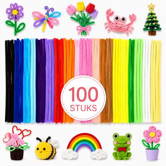 100 chenilles de 20 couleurs, avec des objets artisanaux en haut et en bas : fleurs, insectes, animaux et arc-en-ciel.