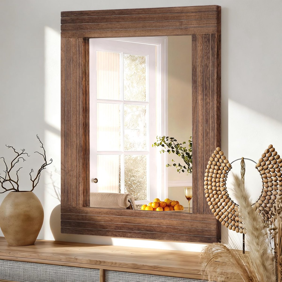 SnelShoppen - Rechthoekige Houten Spiegel - Ingelijst - Rustieke Vintage Spiegel - Landhuisdecoratie voor Badkamer, Kleedkamer en Entree - Groot 30 x