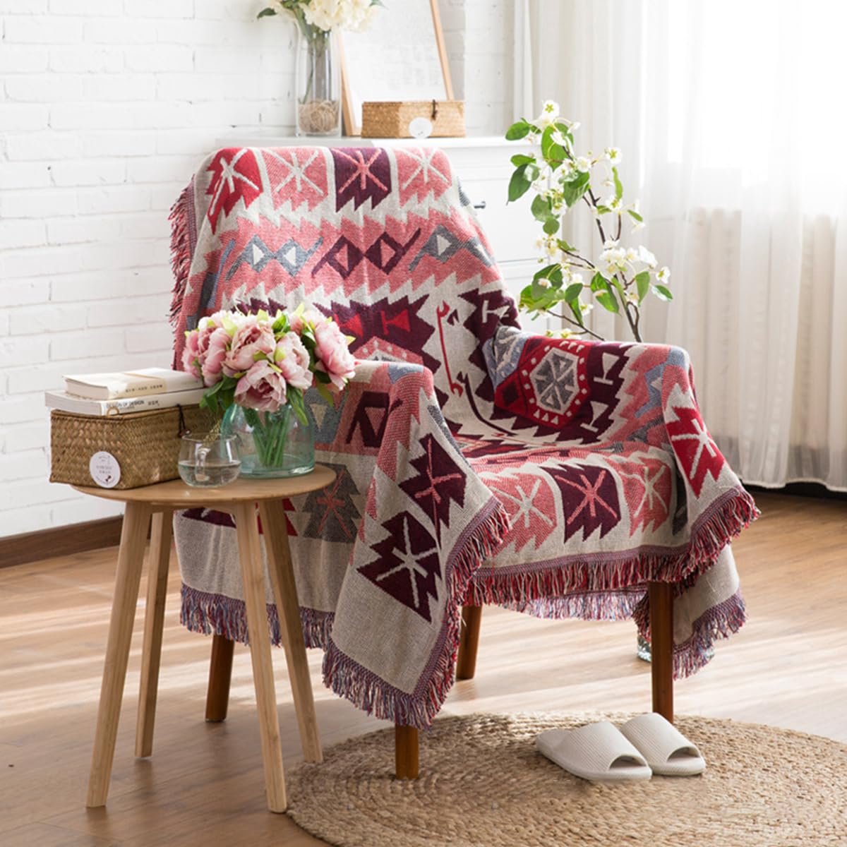 SnelShoppen - LumiSyne Double-Face Plaid Gevlochten Katoen met Kwast Geometrisch Patroon - Boheems Etnische Stijl Vintage Decoratieve Schietdeken voor