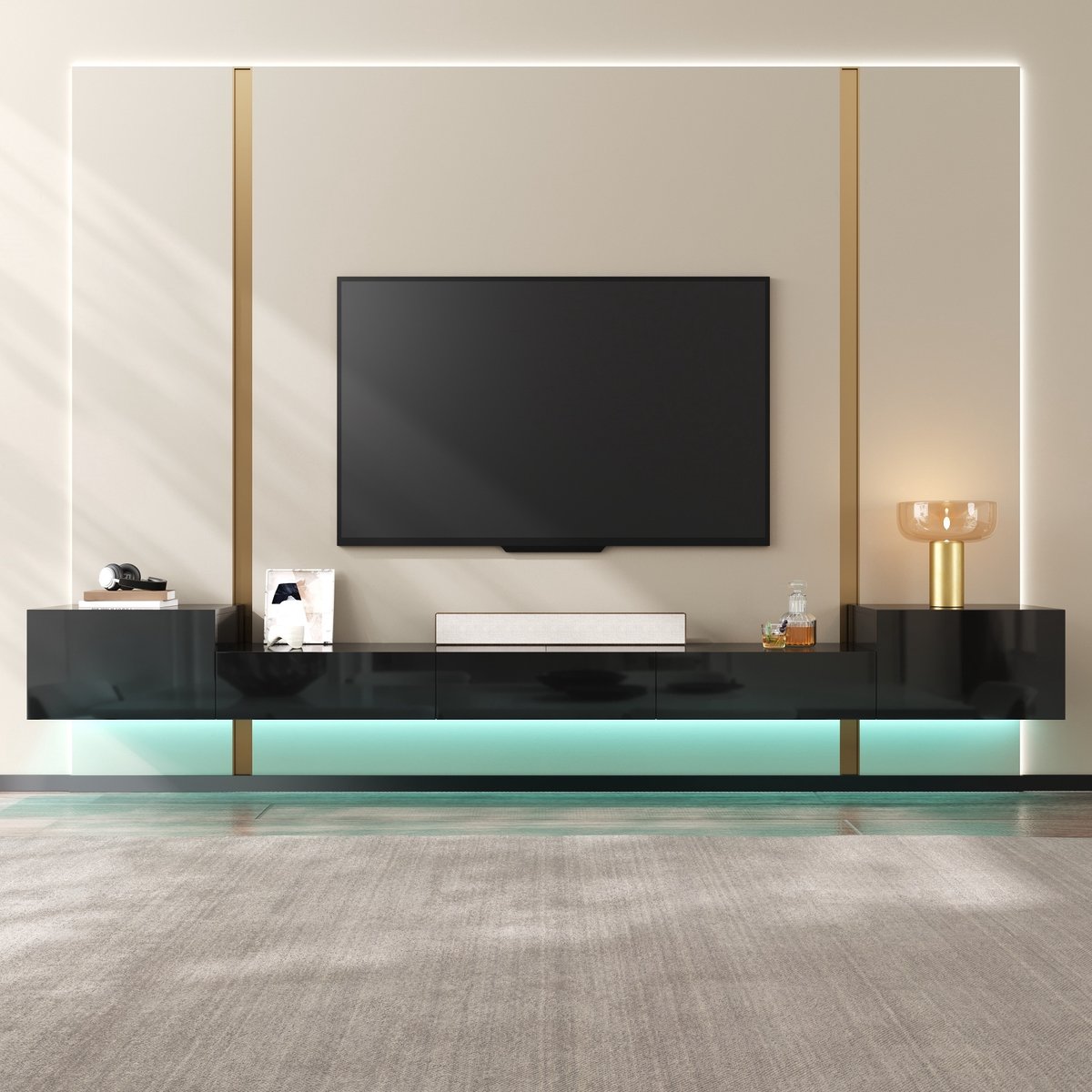 VVBV Zwevend TV-Meubel 245 cm - Wandhangend Zwart Hoogglans Lowboard met App-LED, 5 Deuren, Kabelmanagement, MDF, TV-Kast