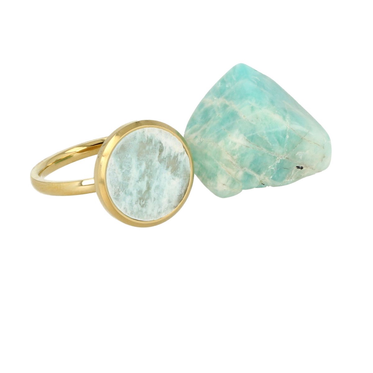 My Bendel - Amazonieten Goudkleurige Ring met Echte Edelsteen - met Luxe Cadeauverpakking | Sieraden Voor Dames | Maat 16.00 Mm / Maat 50